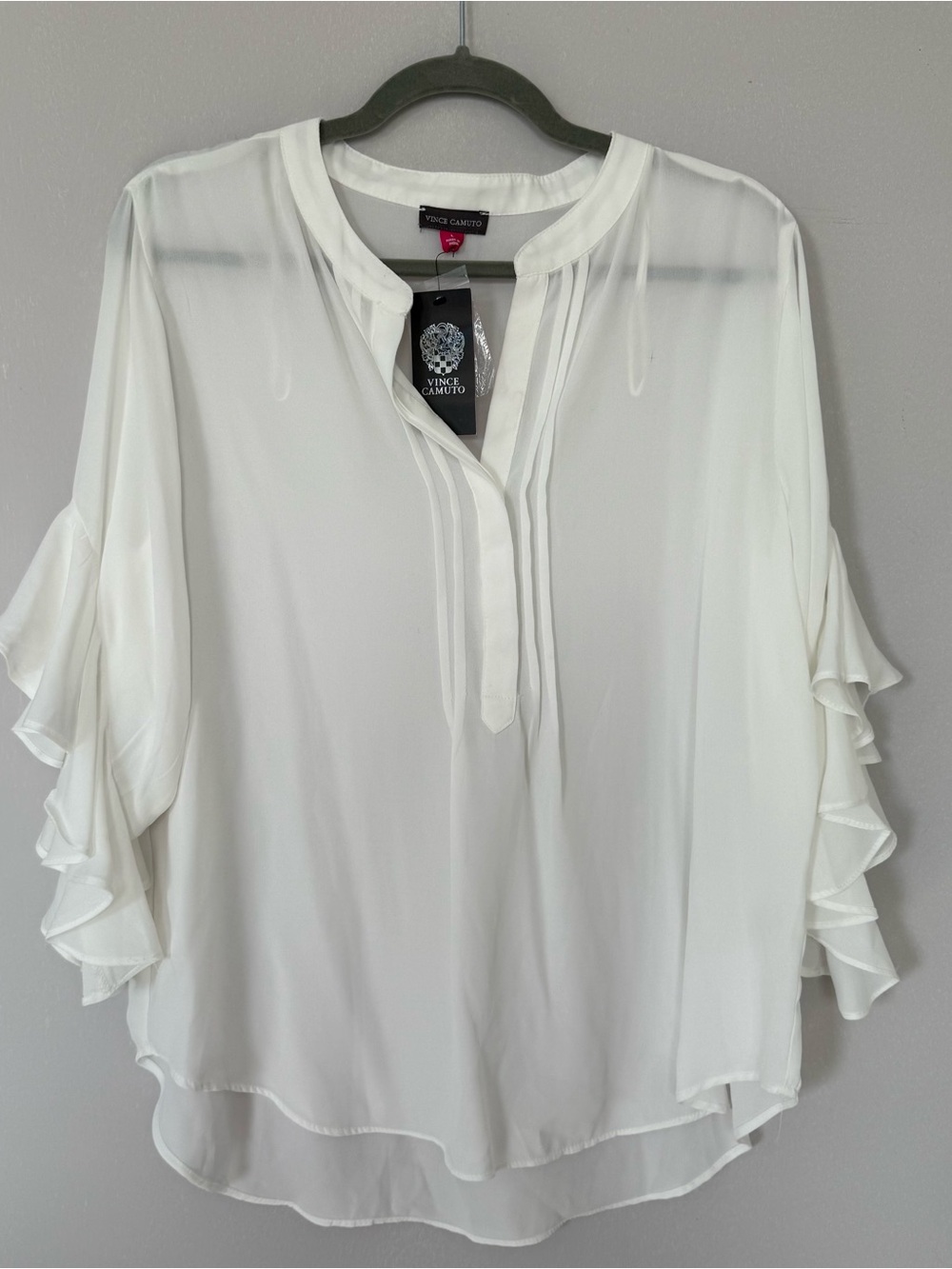 Chic Vince Camuto Flowy White Ruffle Sleeve Split-Neck Blouse Women Size L